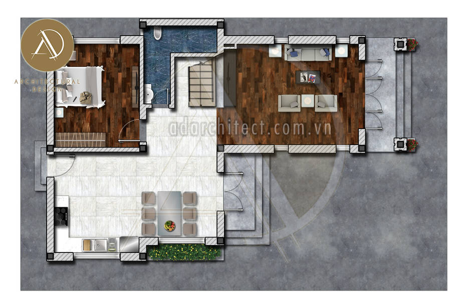 Thiết kế biệt thự hiện đại: Bản vẽ mặt bằng tầng trệt mẫu nhà 2 tầng mái thái 