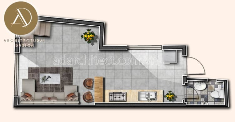 Bản vẽ mặt bằng tầng trệt căn nhà phố 4 tầng diện tích 4,5m x 10m ở quận 3, TPHCM