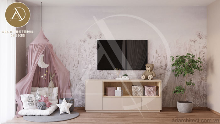 thiết kế phòng ngủ hồng cho bé gái cho biệt thự 2 tầng 