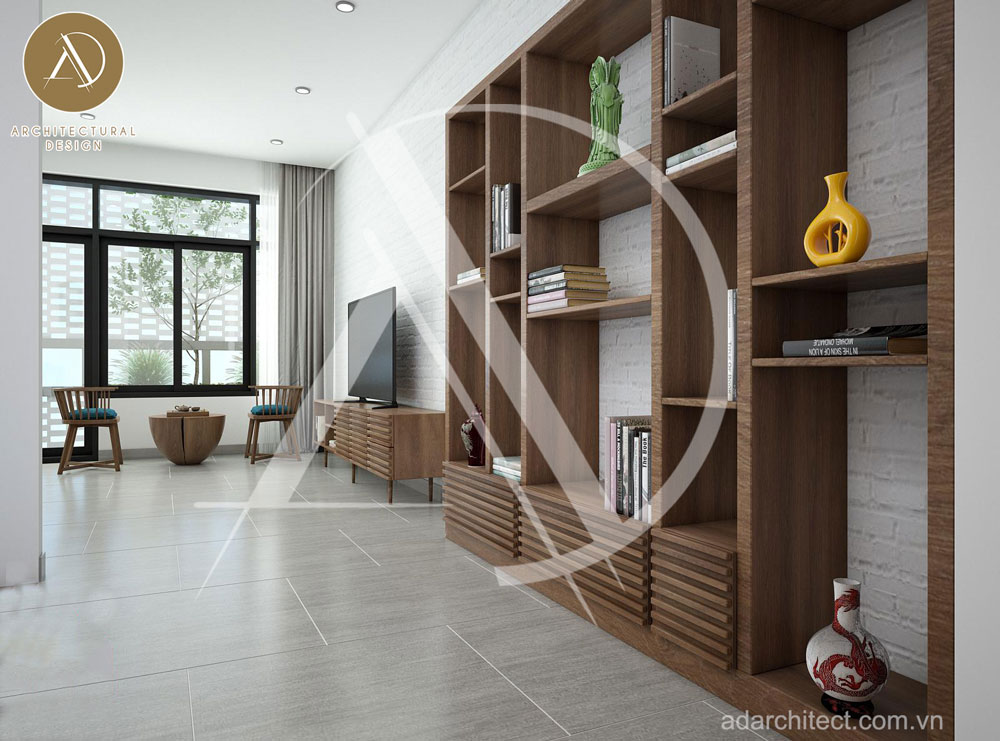 thiết kế nội thất phòng khách bằng gỗ cho nhà phố hiện đại 2 tầng
