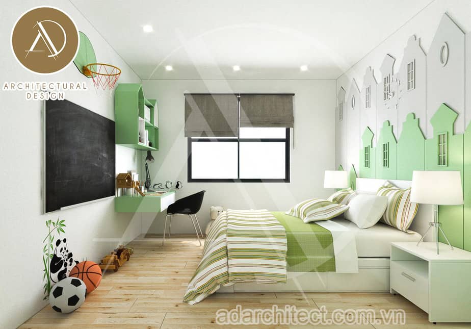 Thiết kế nội thất cao cấp phong cách Scandinavian cho phòng bé trai với phối màu xanh ngọc tươi mát