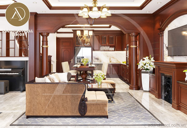thiết kế phòng khách bằng gỗ cho nhà phố mái thái 2 tầng