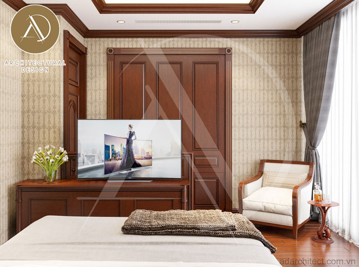 bố trí nội thất phòng ngủ gỗ sang trọng cho nhà phố mái thái 2 tầng