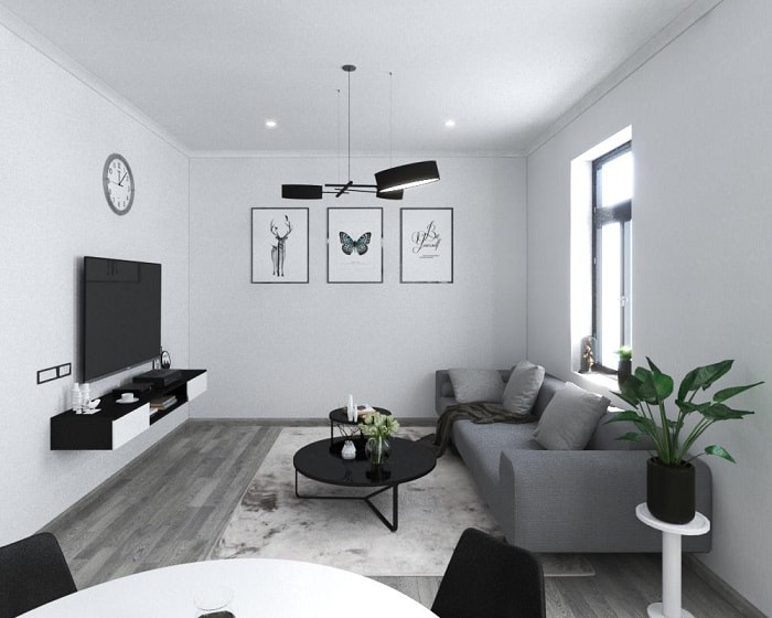 Thiết kế nội thất chung cư: Trang trí phòng khách tông trắng đen với thảm lông & cây xanh