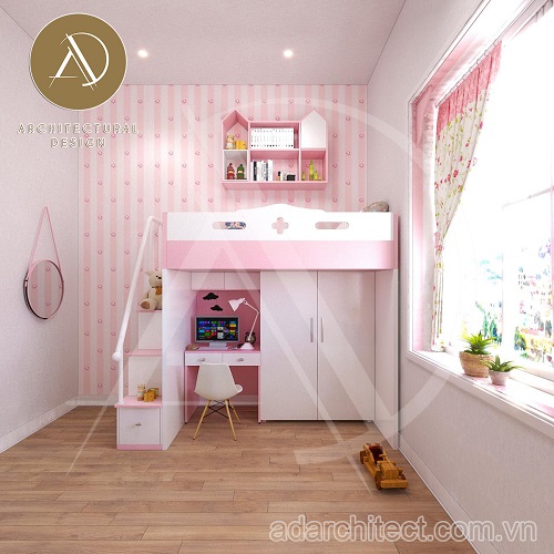 Bộ giường tầng cho bé gái được khoác lớp sơn trắng & hồng dễ thương