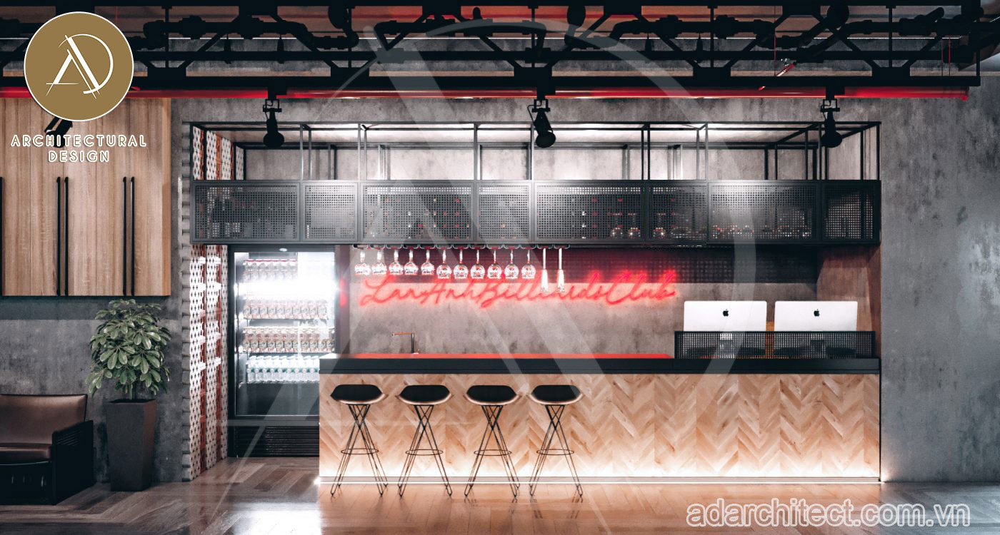 Thiết kế quán bida đẹp: Khu vực cafe tạo nên điểm nhấn trong không gian với hệ thống đèn led bắt mắt