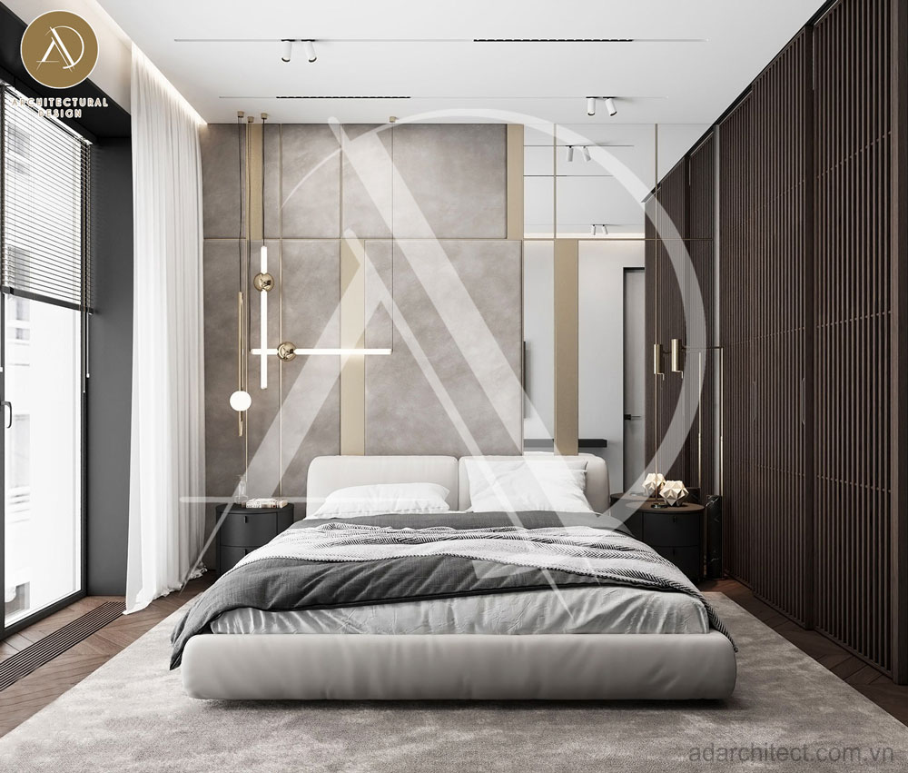 mẫu phòng ngủ khách sạn đẹp màu xám tối giản
