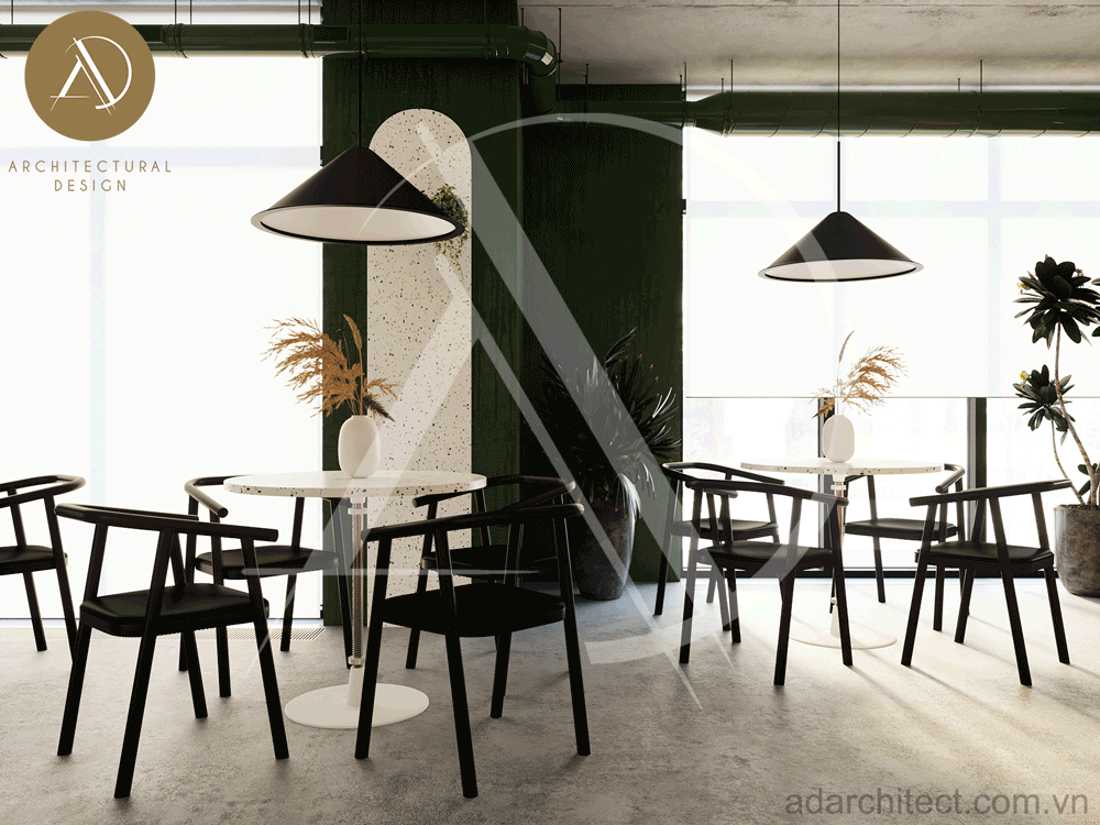 thiết kế k=không gian nội thất quán cafe vô cùng hòa nhã, tinh tế