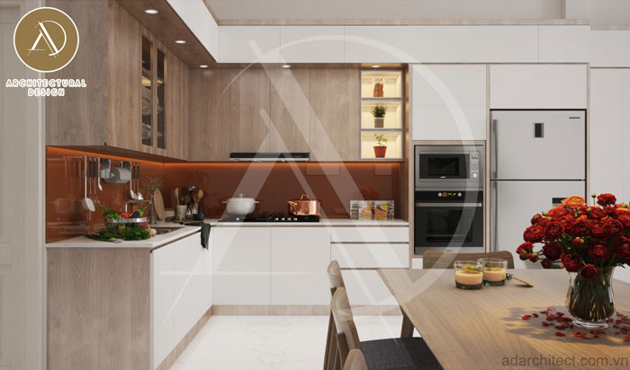 thiết kế nội thất bếp sang trọng, tiện nghi cho nhà ống 3 tầng mặt tiền 5m