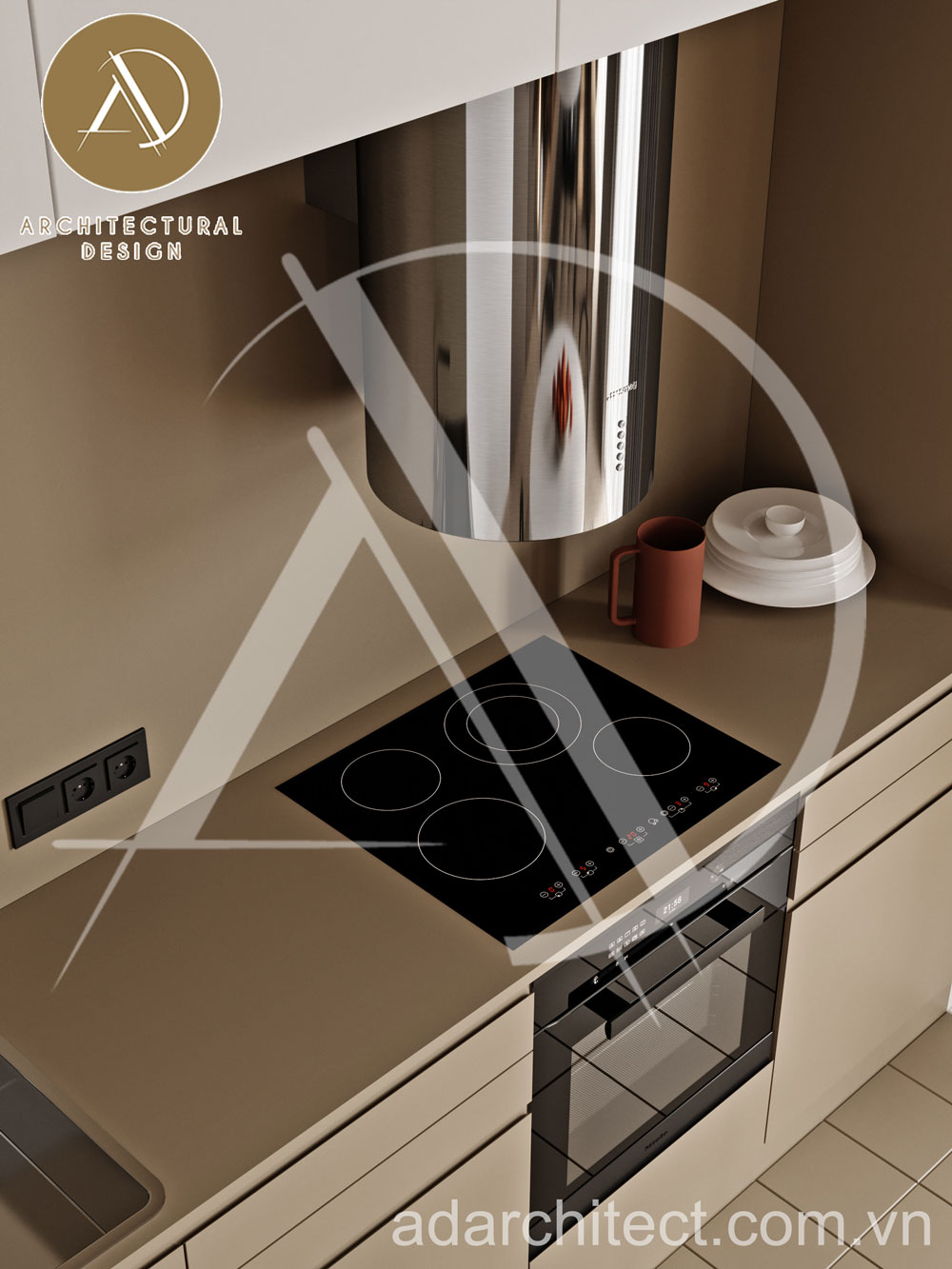 thiết kế bếp đẹp: Thiết kế gian bếp nhỏ & sang trọng với tông màu trung tính trầm ấm