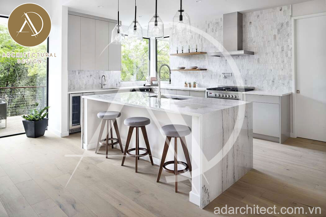 thiết kế bếp đẹp: Tủ bếp chữ L thiết kế mở 2 cạnh tận dụng tối đa các góc chết của không gian