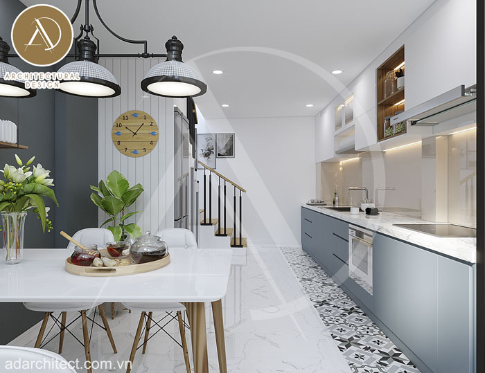 thiết kế không gian bếp đẹp cho nhà ống 3 tầng