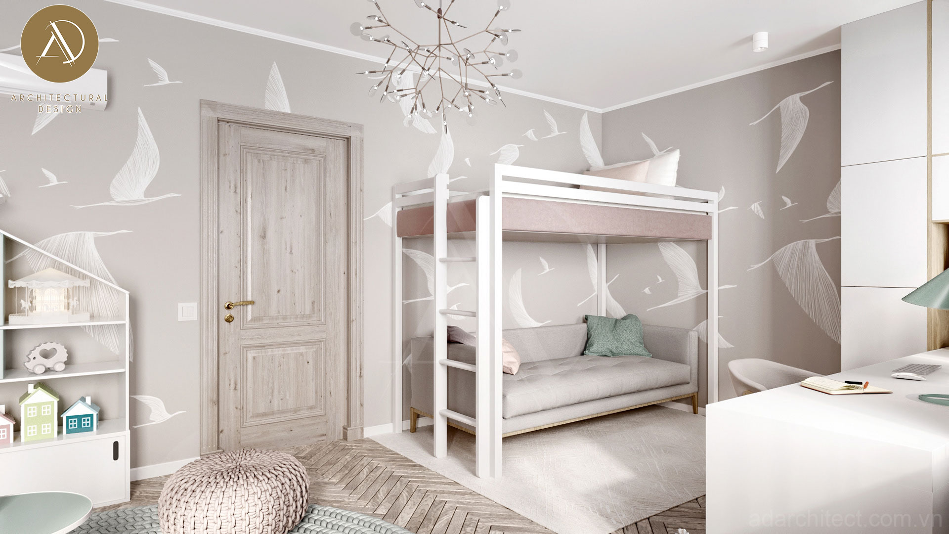 thiết kế phòng ngủ giường tầng cho nhà 2 tầng đẹp