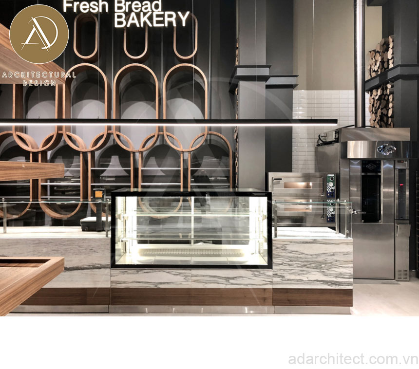 thiết kế cửa hàng bánh ngọt: quầy trưng bày bánh kem sang trọng 