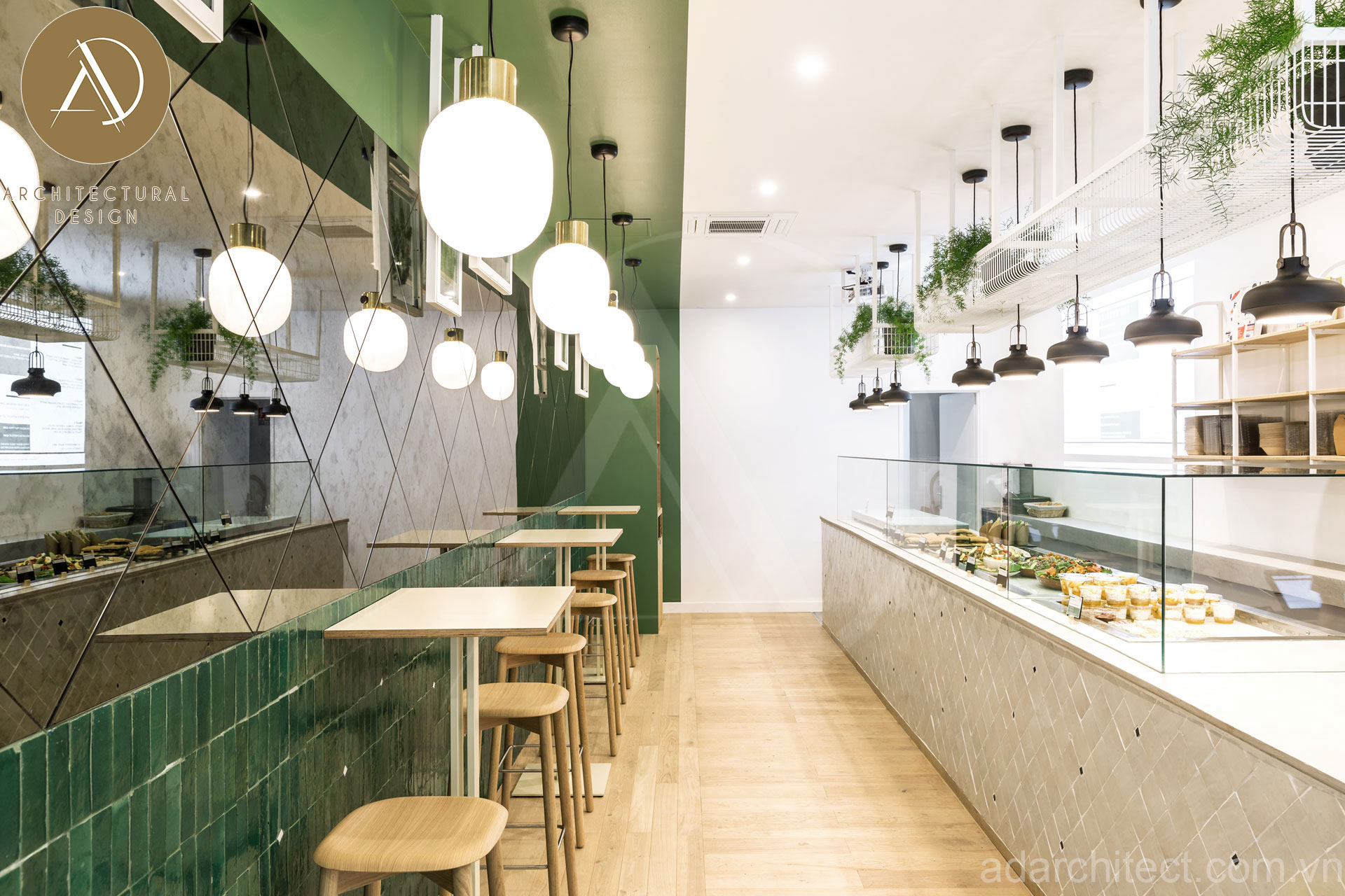 thiết kế quán ăn: nội thất quán ăn hiện đại bố trí bàn sát tường tiết kiệm diện tích