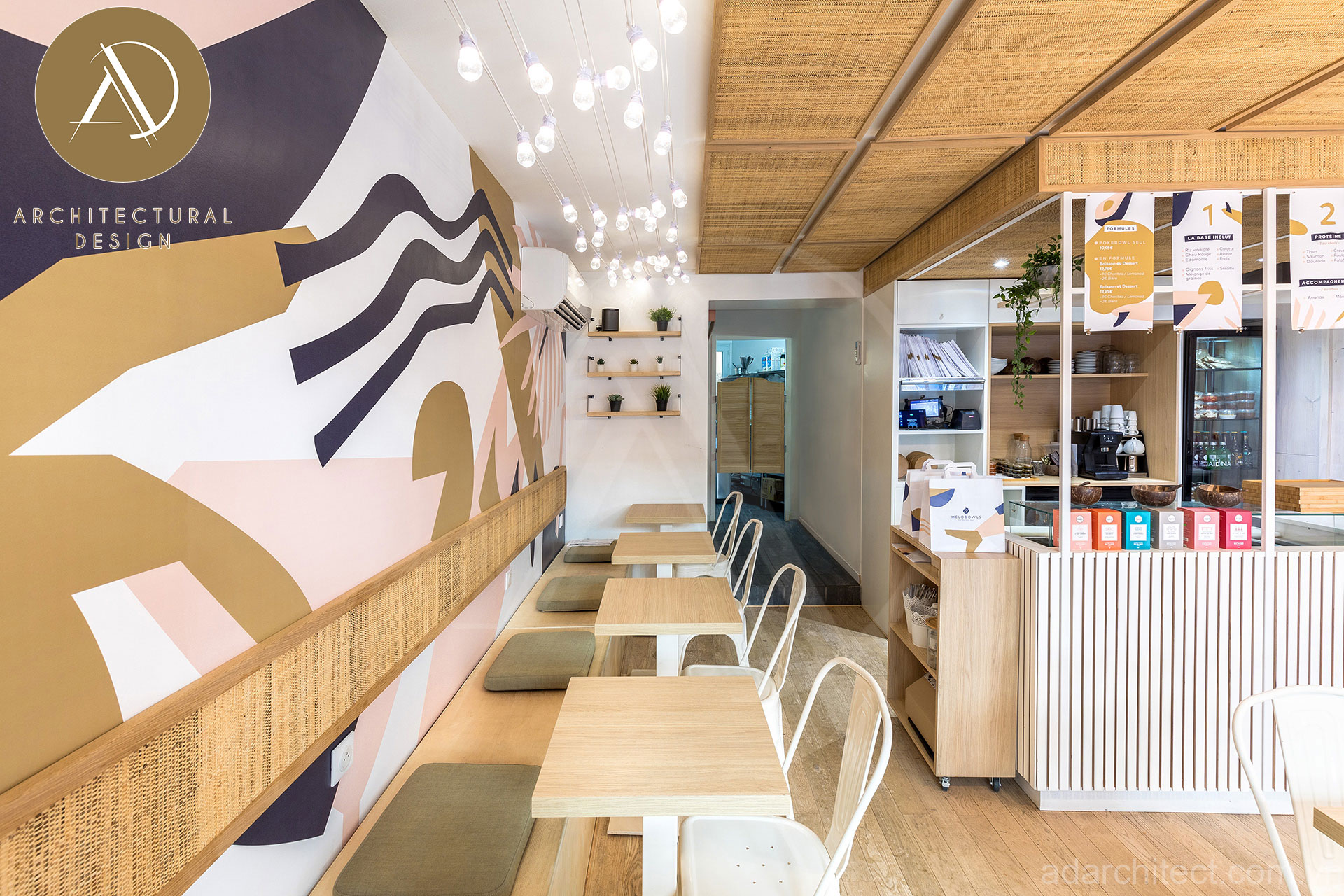 thiết kế quán ăn:  quán ăn sáng hiện đại, nội thất gỗ đơn giản 