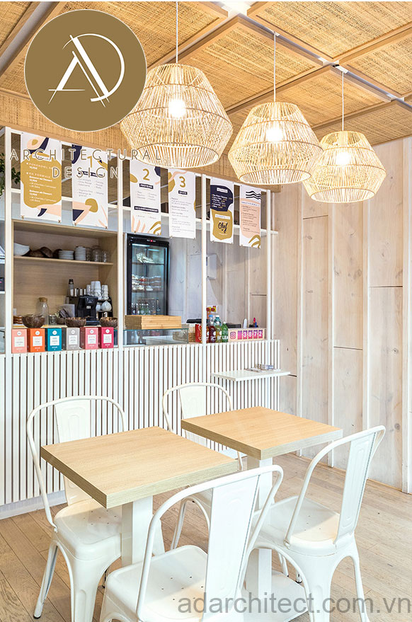 thiết kế quán ăn:  quán ăn nhỏ đẹp có đèn mây đan mộc mạc