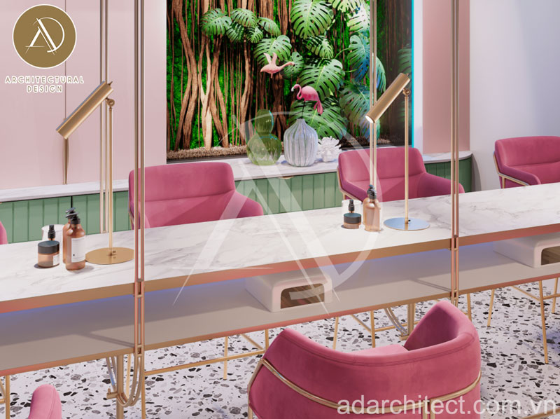 Thiết kế nội thất tiệm nail theo tông hồng nữ tính