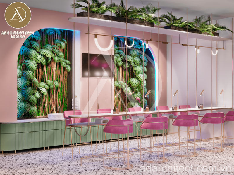không gian nội thất tiệm nail tông màu hồng mơ mộng