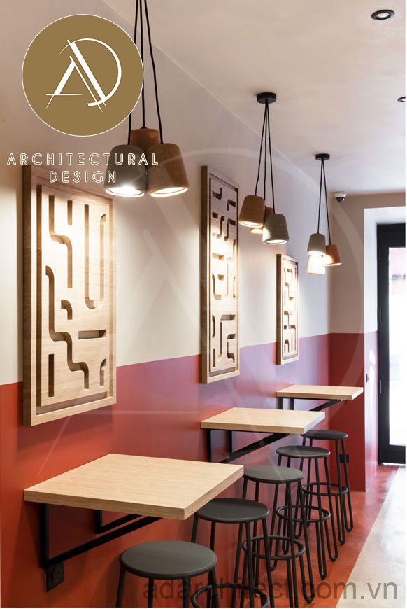 thiết kế quán ăn: quán ăn nhỏ đẹp bố trí bàn sát tường tiết kiệm diện tích