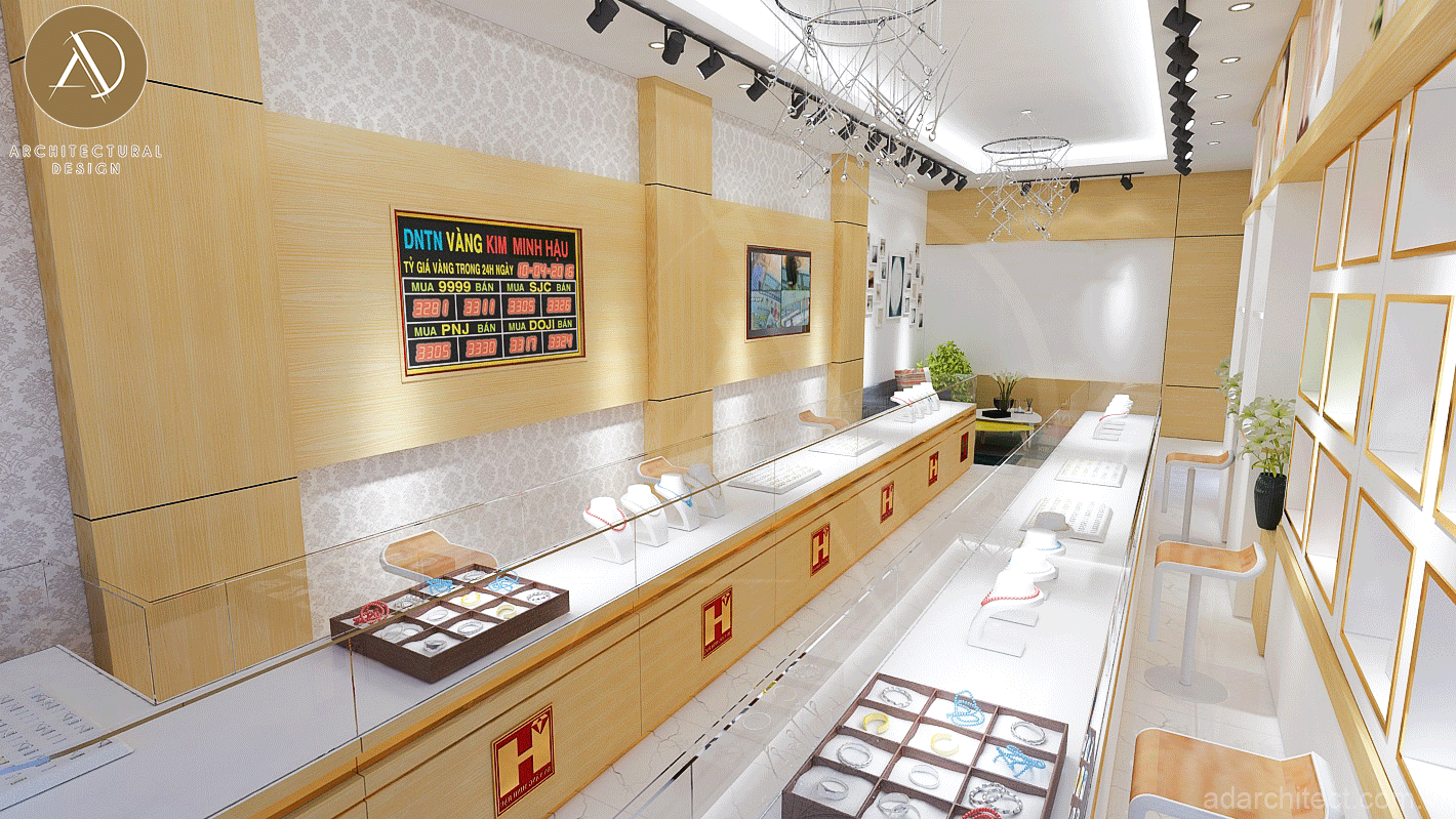 Thiết kế tiệm vàng: đèn light track chiếu thẳng xuống tủ trưng bày vàng bạc làm sáng bật sản phẩm