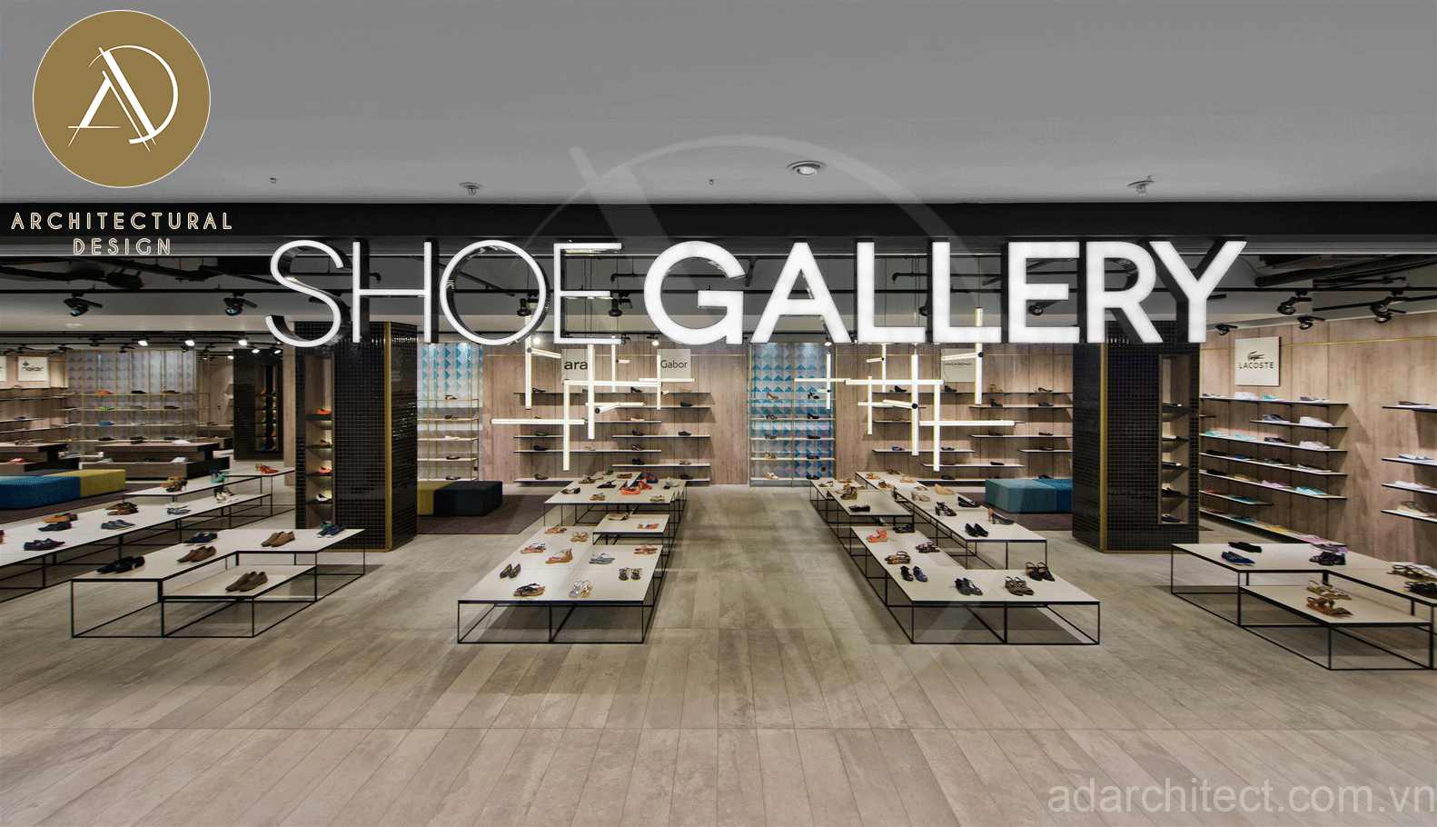 thiết kế shop giày: cửa hàng giày dép có tông màu trung tính