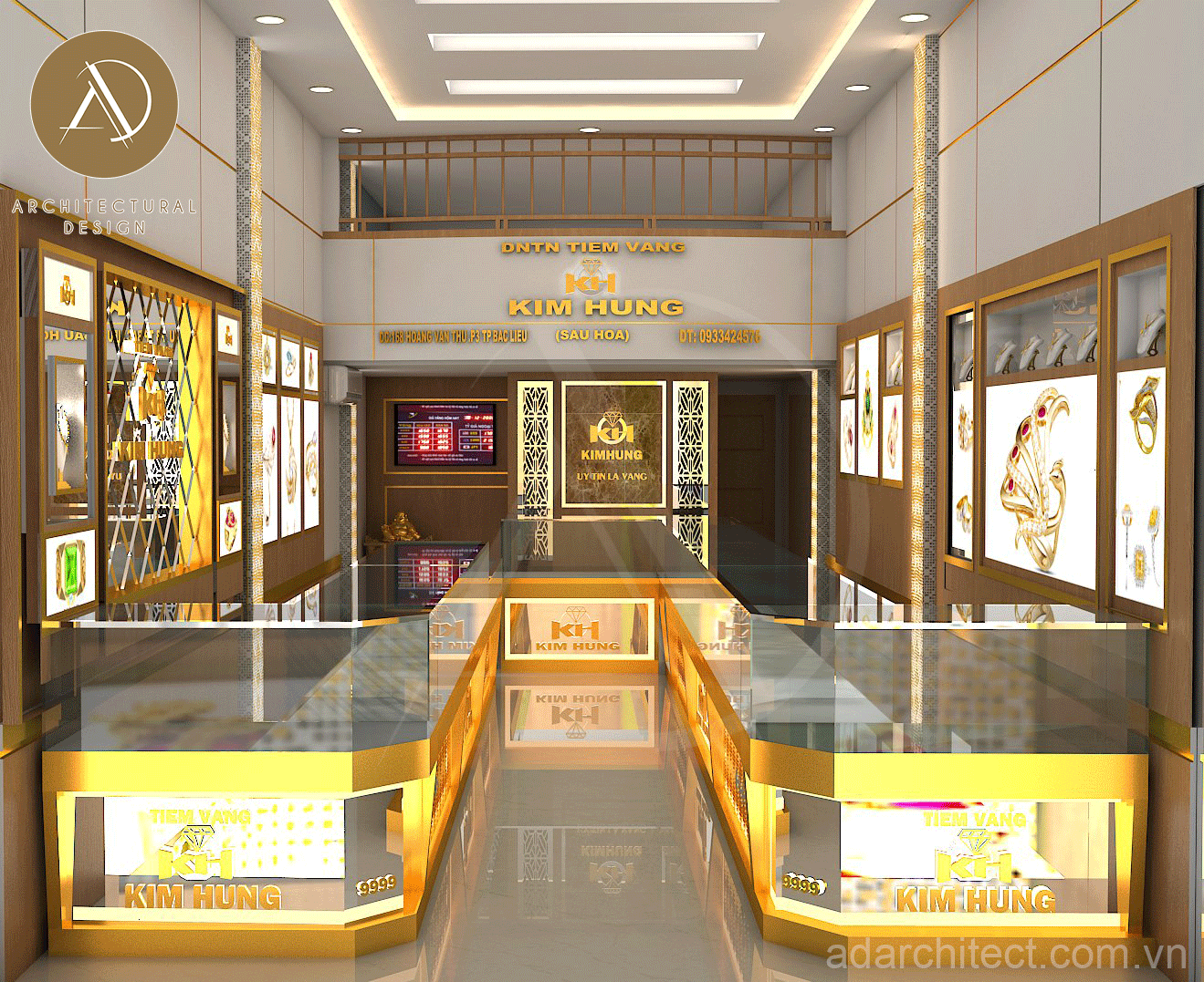 Thiết kế tiệm vàng: tủ trưng bày inox mạ vàng đúng chuẩn bắt sáng nổi bật nhất