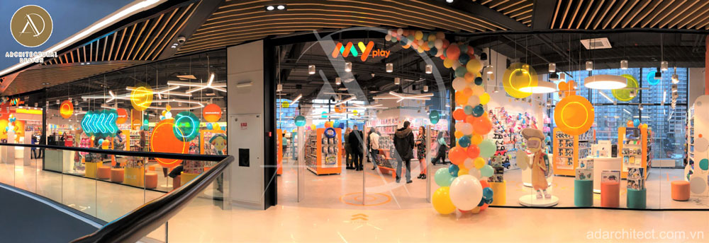 Thiết kế không gian cửa hàng đồ chơi tông màu cam năng động