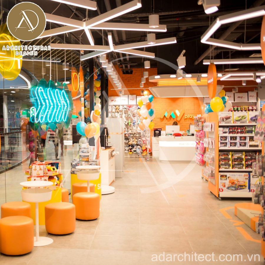 Thiết kế không gian cửa hàng đồ chơi tông màu cam năng động