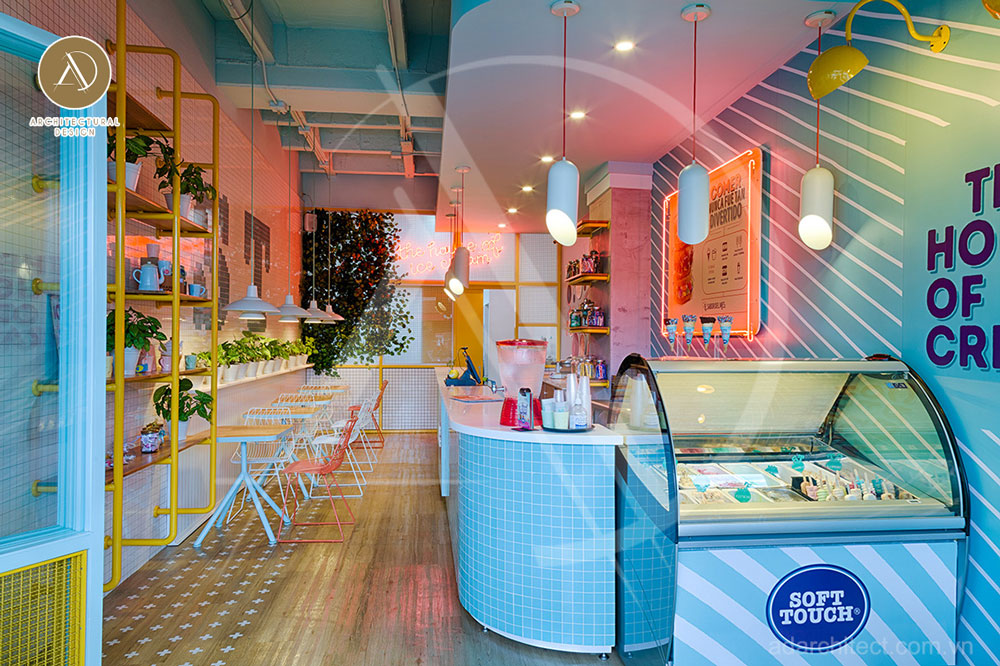 thiết kế quán kem tự chọn: đèn neon làm quán kem nổi bật nhất  