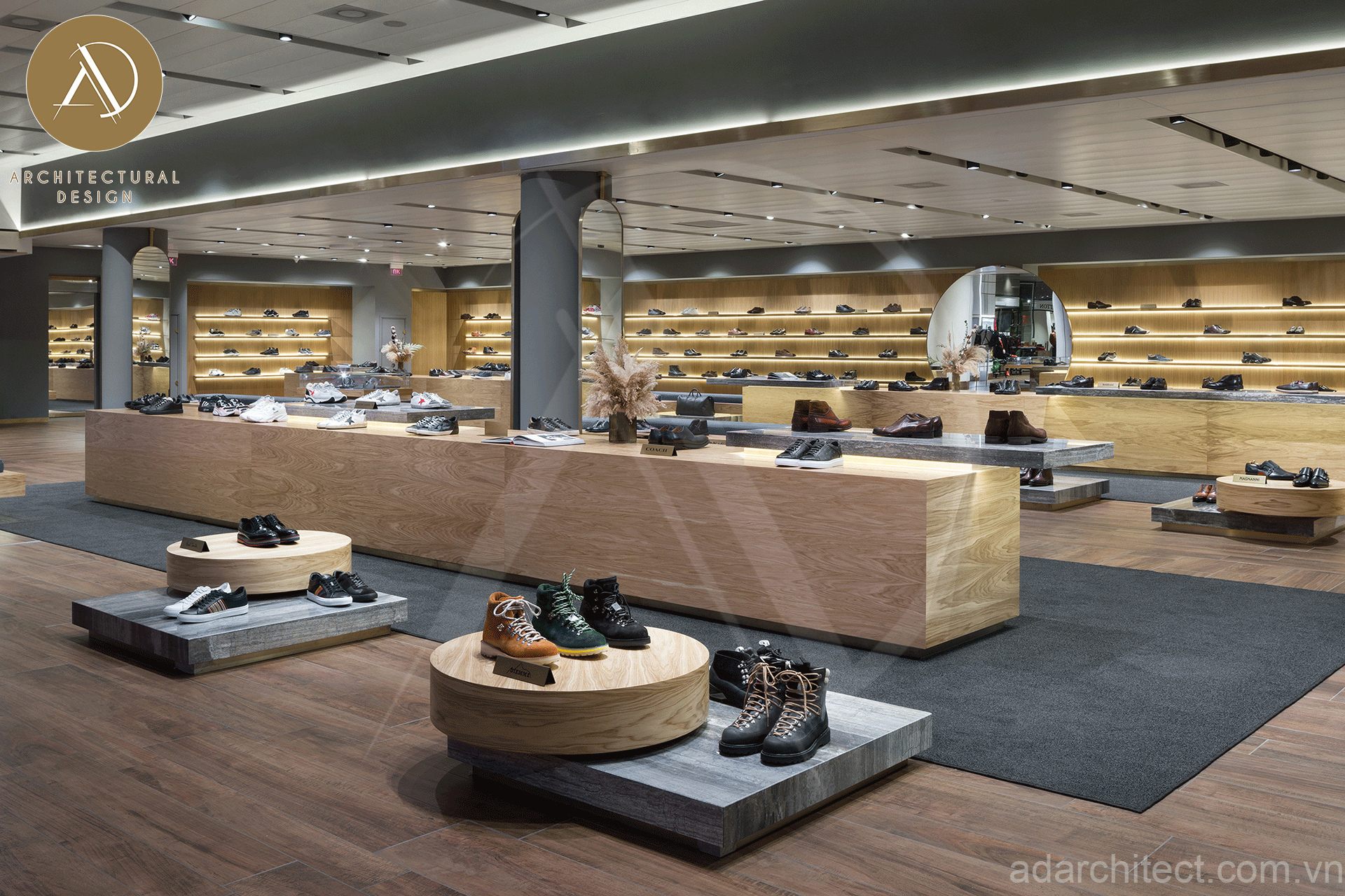 thiết kế shop giày: các khối gỗ kết hợp với nhau độc đáo hiện đại và vô cung tinh tê