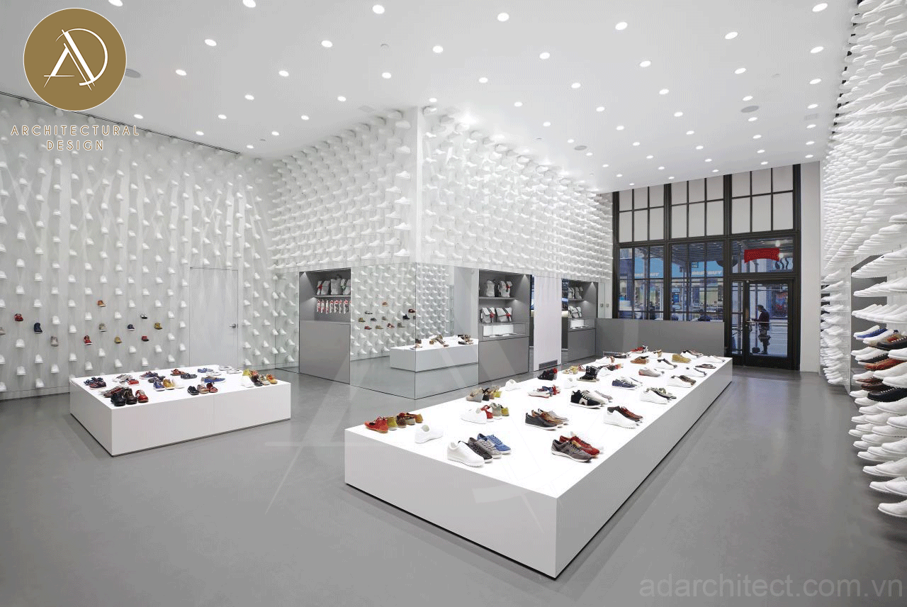 thiết kế shop giày: tông trắng đơn giản và hiện đại cho cửa hàng giày dép