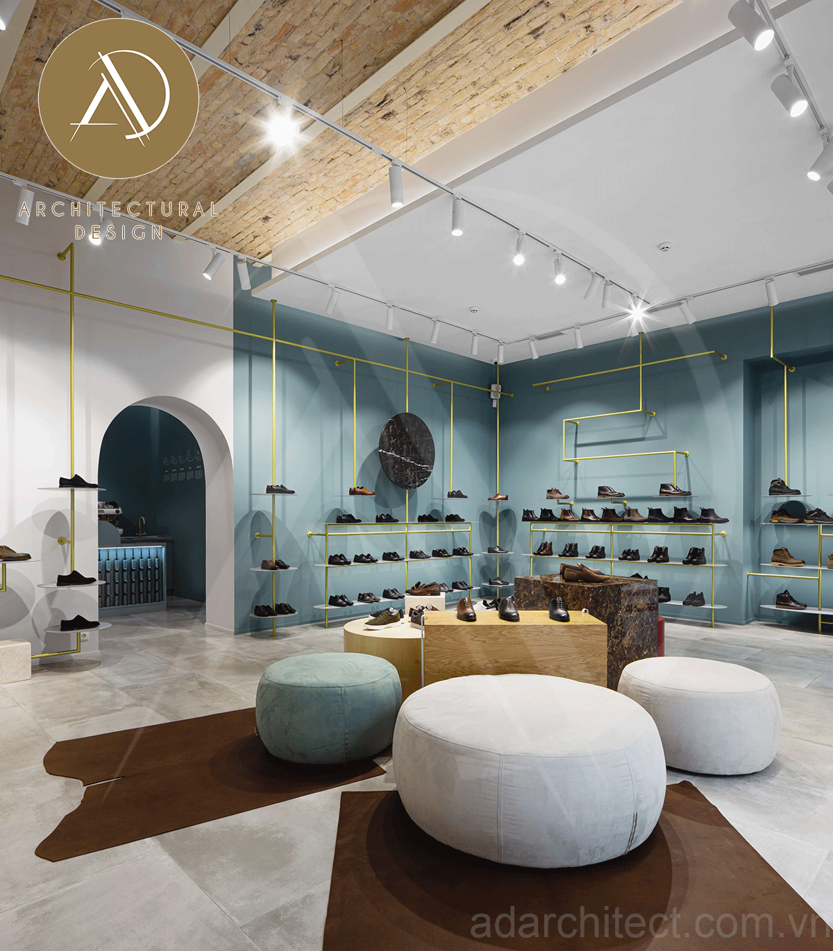 thiết kế shop giày: có ghế ngồi và chỗ trưng bày giày vừa phải, giúp khách hàng trải nghiệm tốt nhất