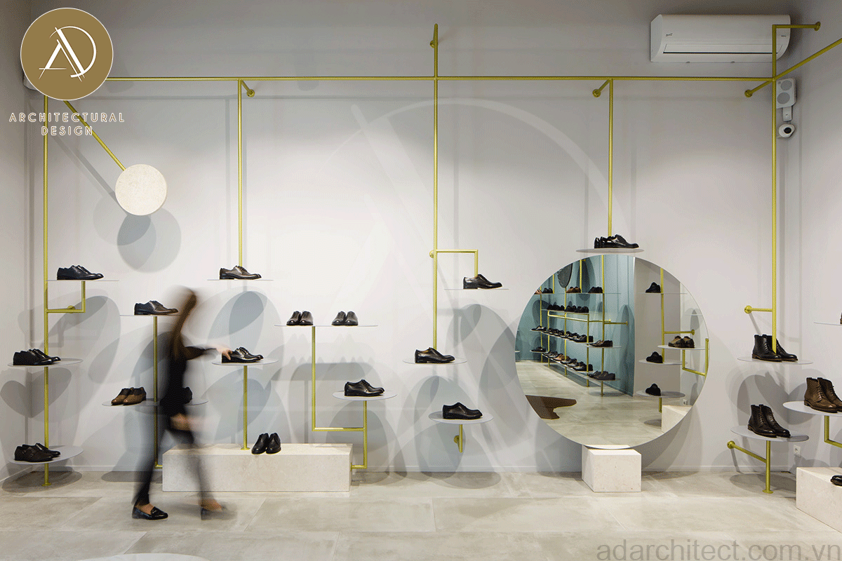 thiết kế shop giày: bố trí gương trang trí cho shop, mở rộng không gian