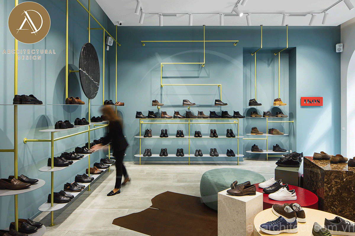 thiết kế shop giày: cửa hàng giày dép nhỏ có tông màu xanh pastel nhẹ nhàng