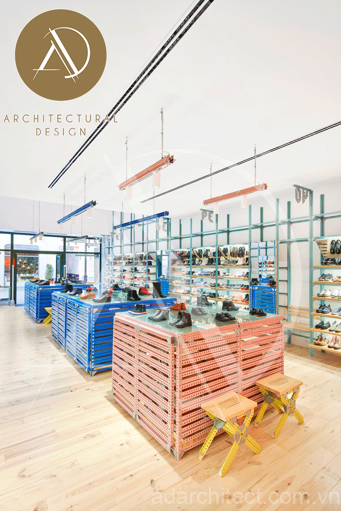 thiết kế shop giày: kệ trưng bày giày và đựng hộp giày tiện dụng