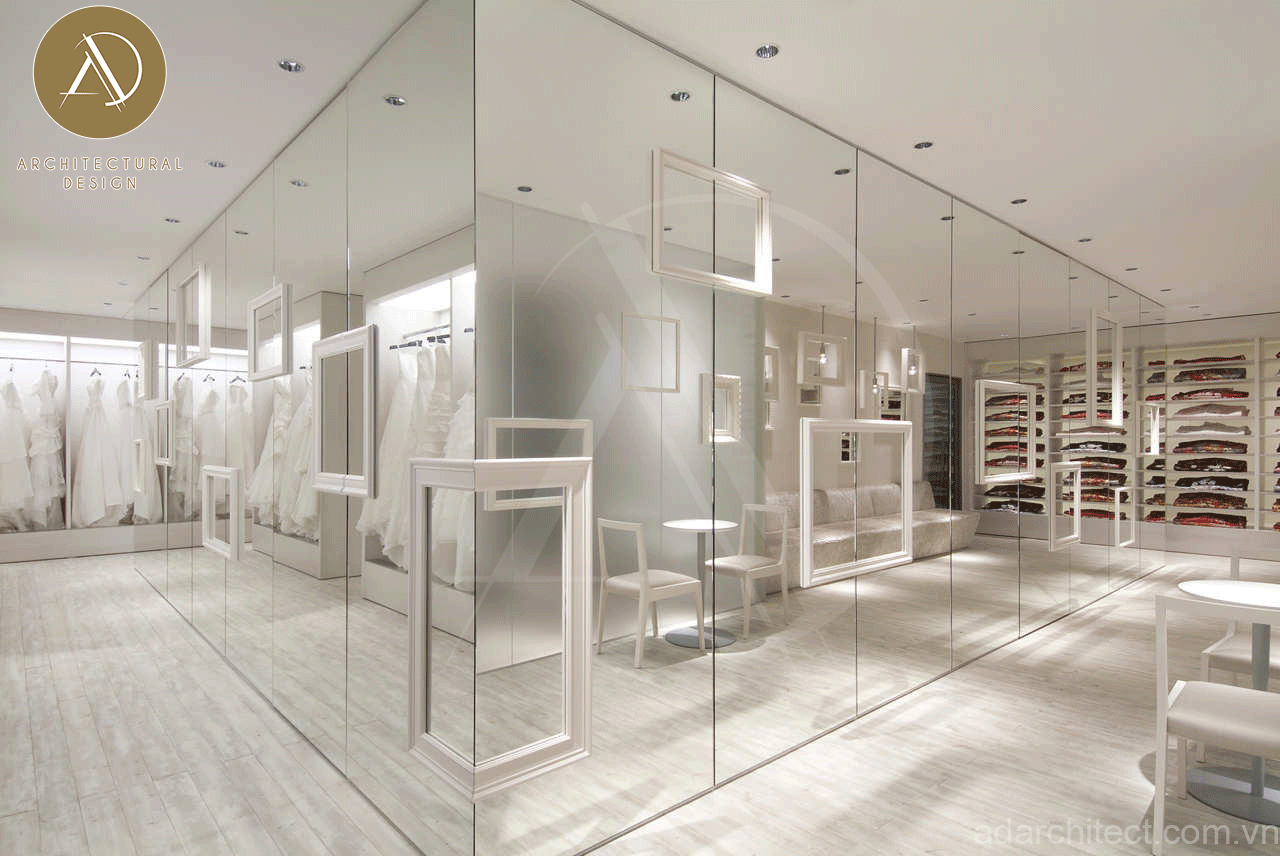 thiết kế tiệm áo cưới đẹp: Tường ốp gương đẹp, phản chiếu ánh sáng cực tốt và tăng diện tích tiệm áo cưới