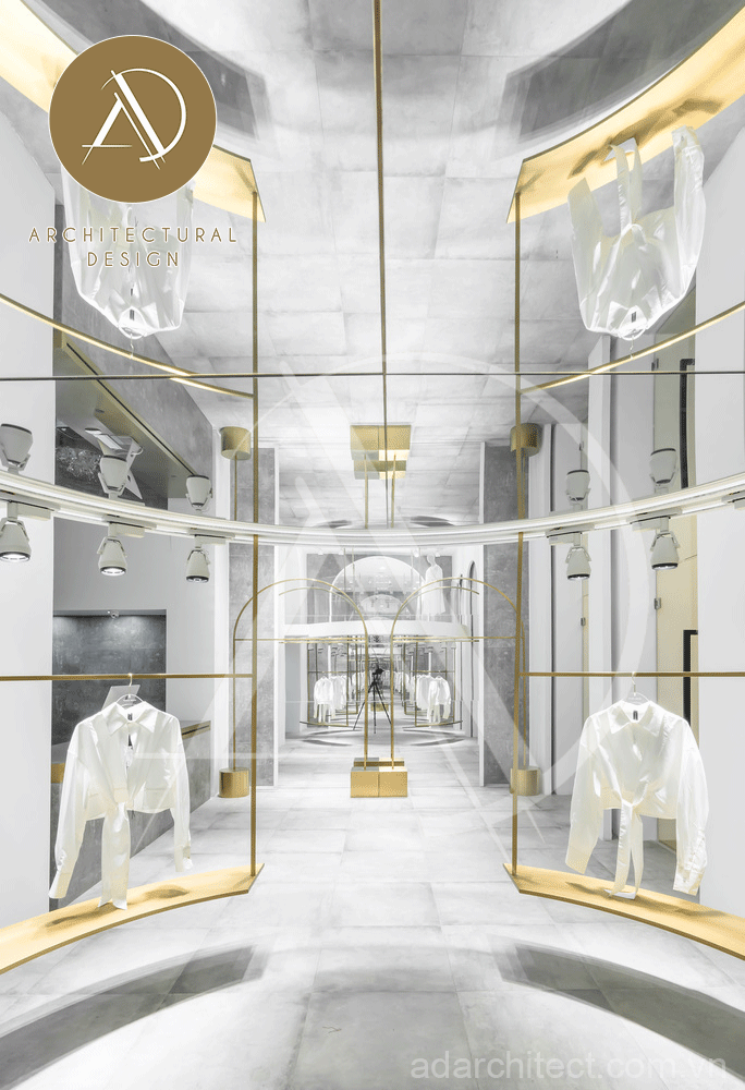 thiết kế tiệm áo cưới đẹp: thiết kế gương ốp trần nhà hiện đại, mở rộng không gian và tạo cảm giác ảo diệu 