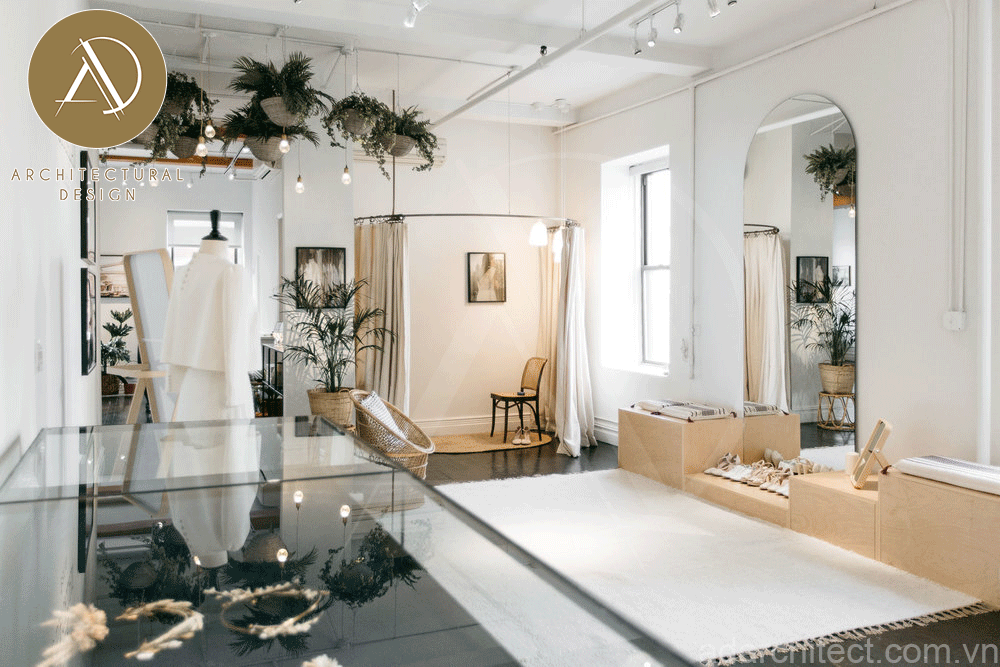 thiết kế tiệm áo cưới đẹp: không gian phòng hay đồ cho cô dâu rộng rãi, được trang bị đầy đủ phụ kiện