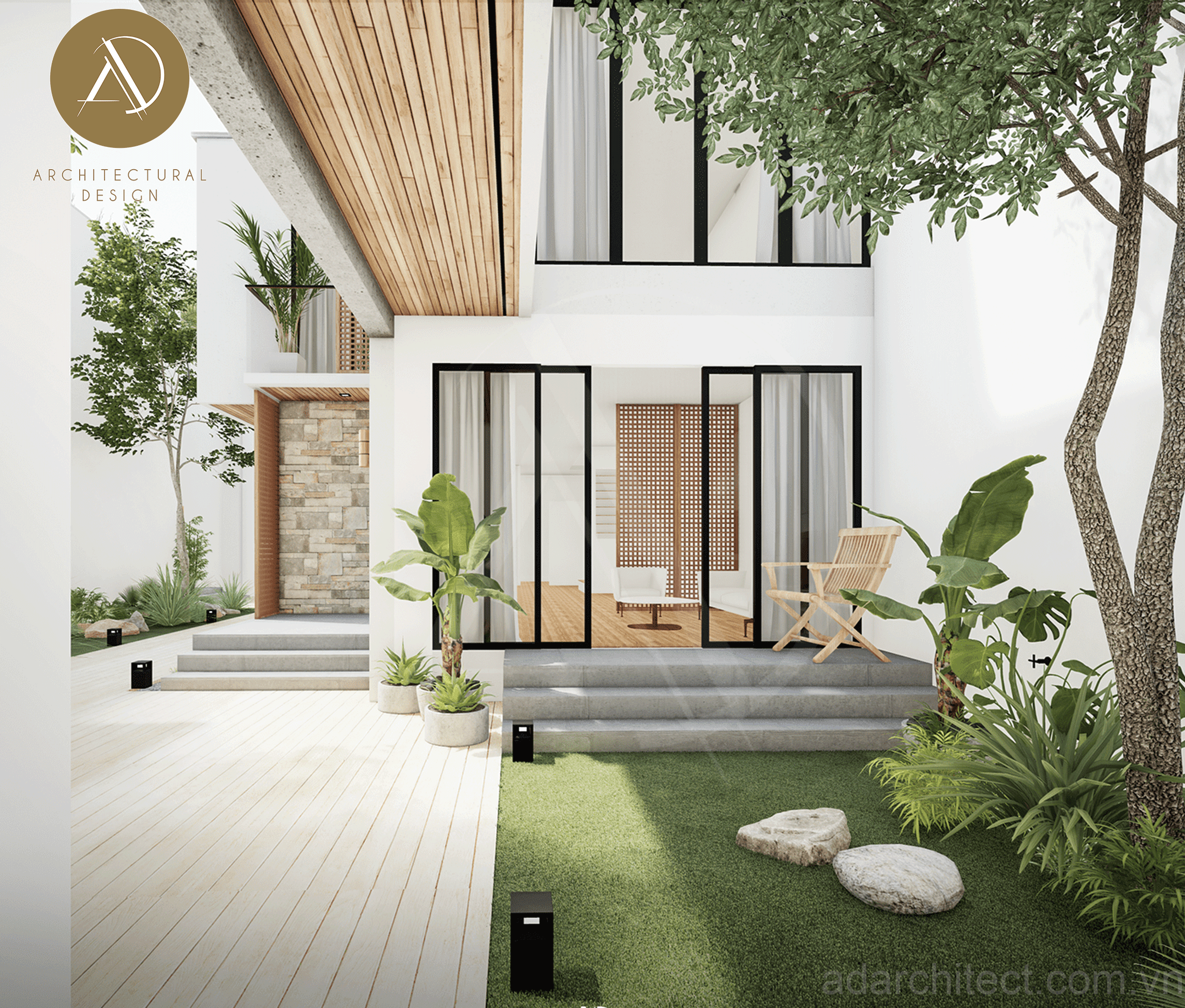 mẫu thiết kế nhà 2 tầng: sân vườn nhỏ mang đến không gian vui chơi cho cả gia đình