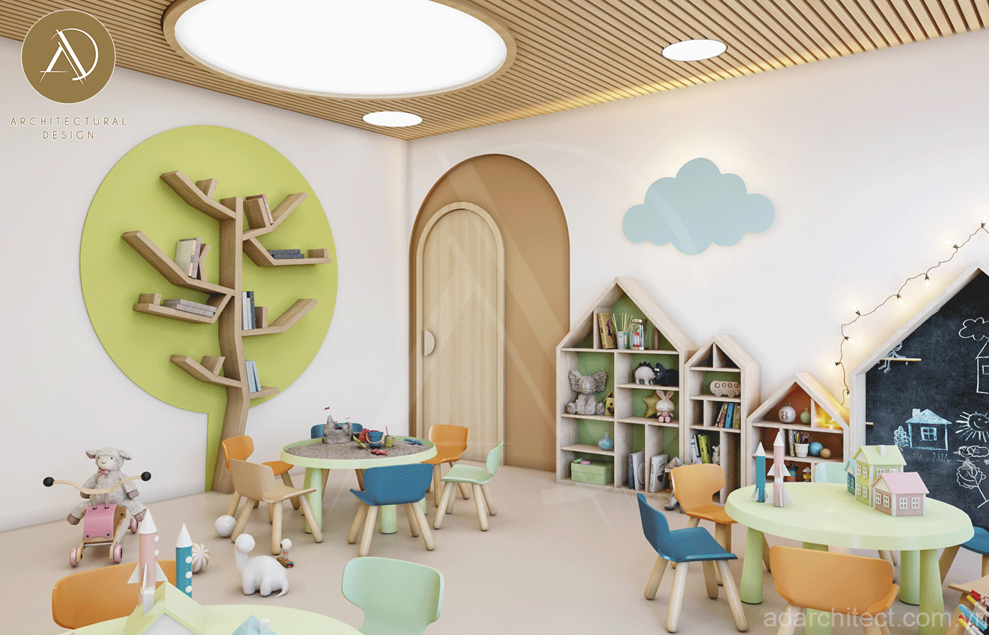 thiết kế nhà trẻ: thiết kế nội thất vừa trang trí vừa để vật dụng, đồ chơi tiện nghi