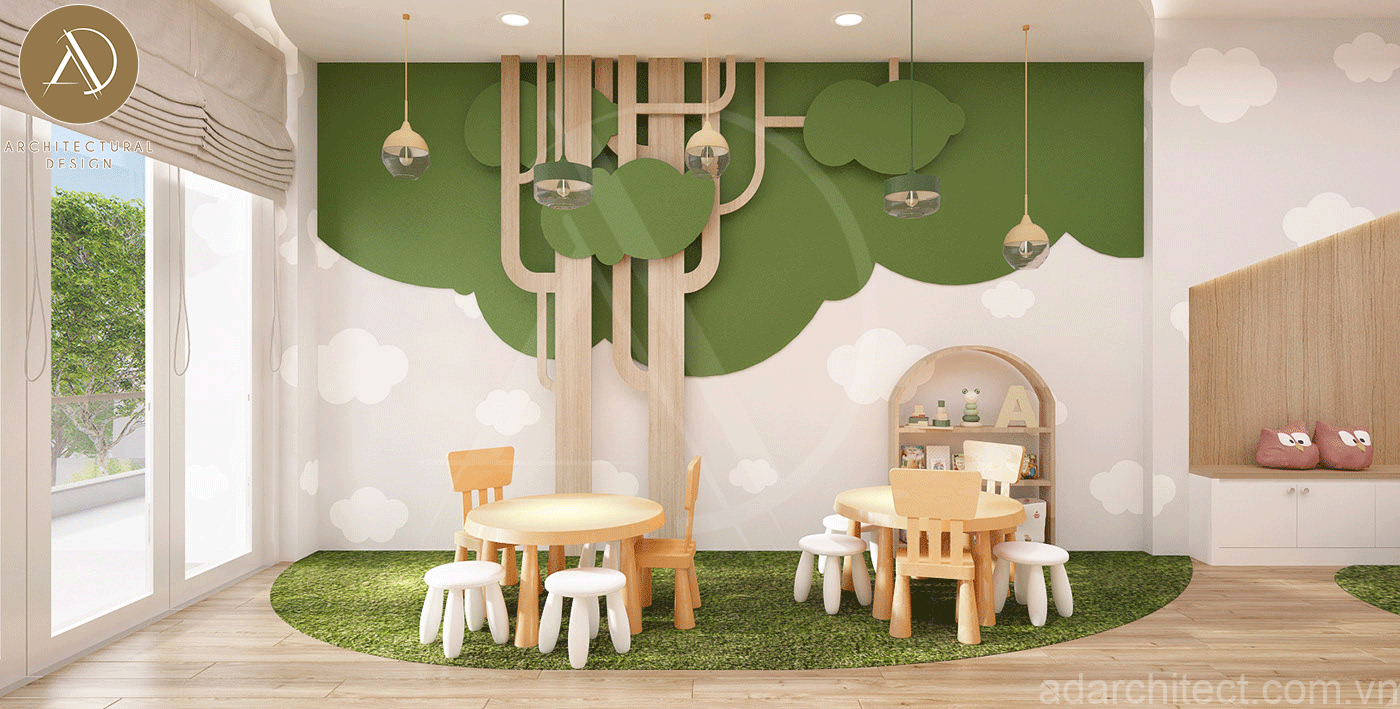 thiết kế nhà trẻ: cây xanh trang trí sinh động và tạo cảm giác mát mẻ