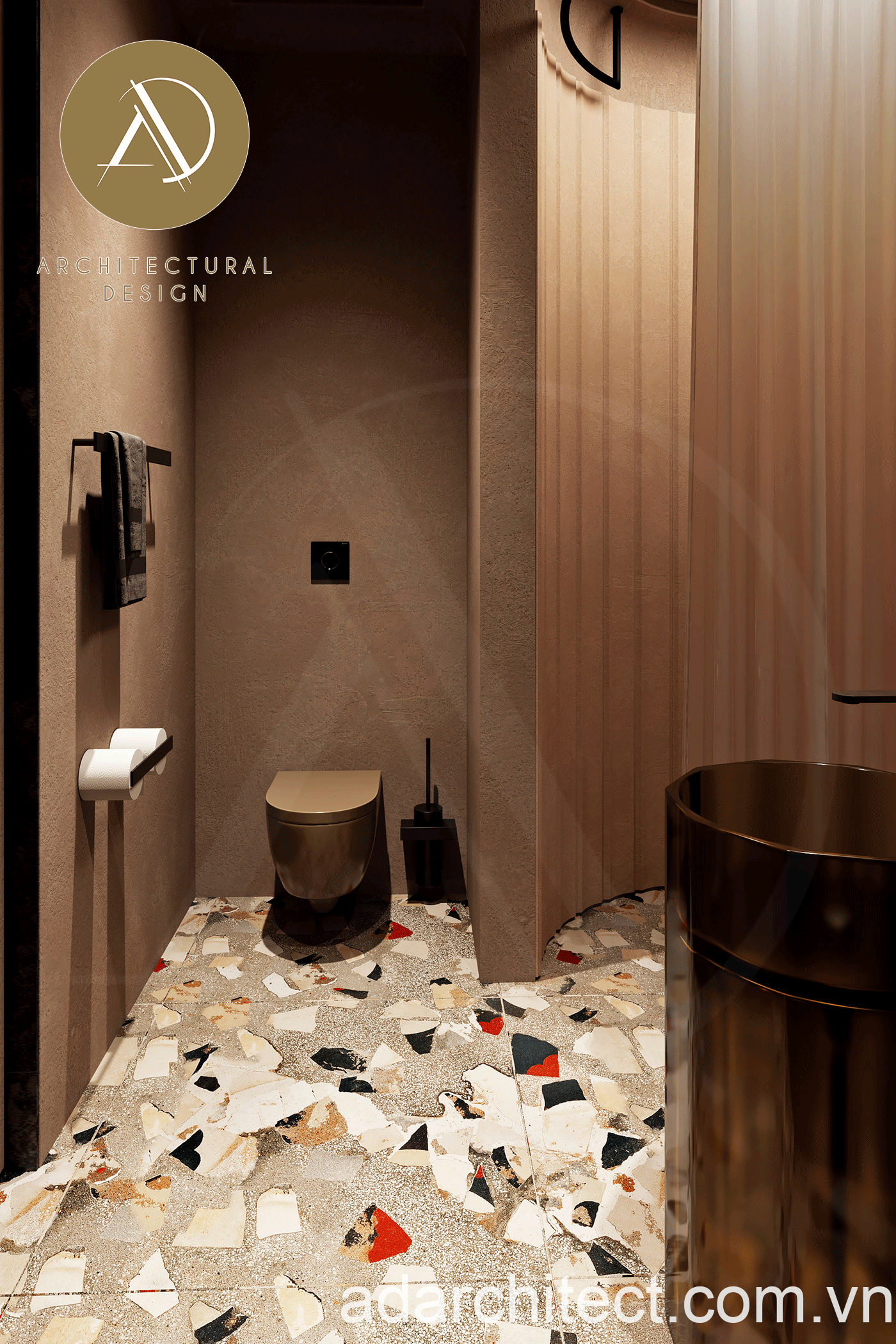 thiết kế toilet đẹp đơn giản cùng nội thất tráng gương nhỏ gọn sang trọng