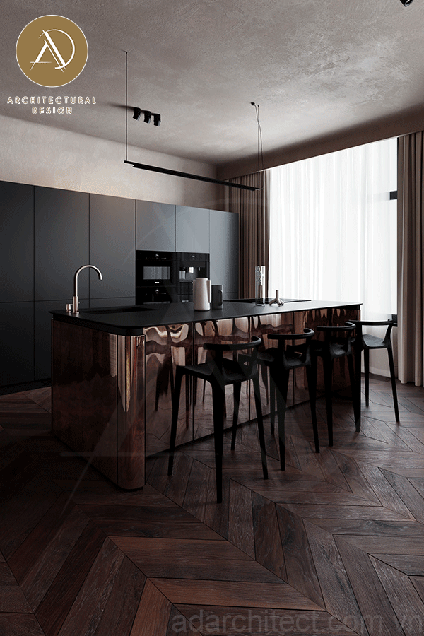 bố trí nội thất nhà bếp màu đen chất liệu laminate kết hợp chất liệu tráng gương đẳng cấp 