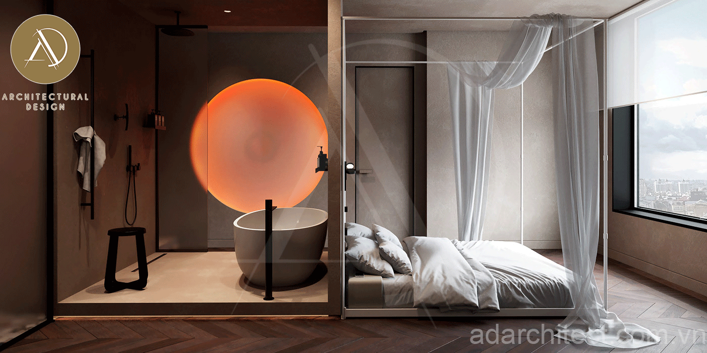 thiết kế phòng ngủ ở tầng trệt độc đáo liền kề với nhà tắm sang trọng, ánh sáng đẹp