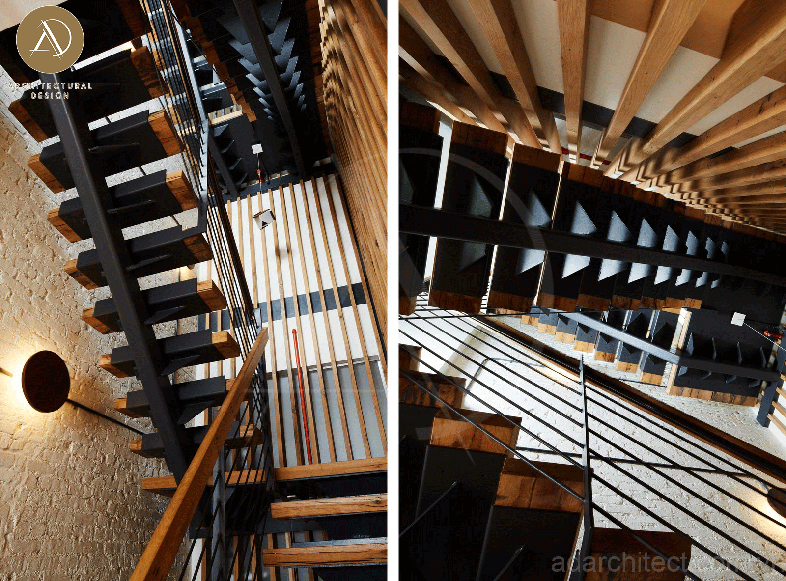 cầu thang xương cá được ứng dụng nhiều trong thiết kế nhà ở 2 tầng đơn giản