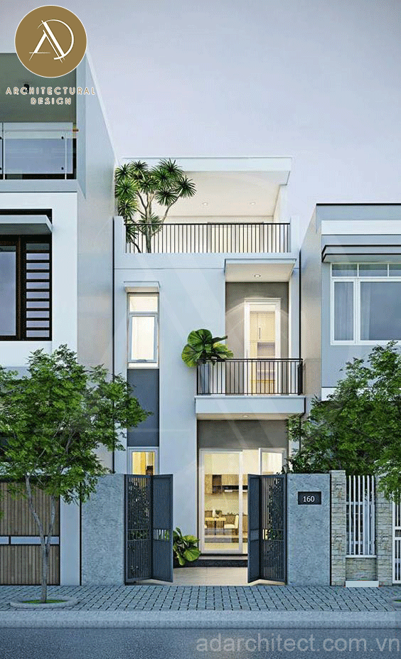 mặt tiền nhà 2 tầng hiện đại đơn giản cùng tông trắng tinh tế phù hợp với nhiều ngoại thất