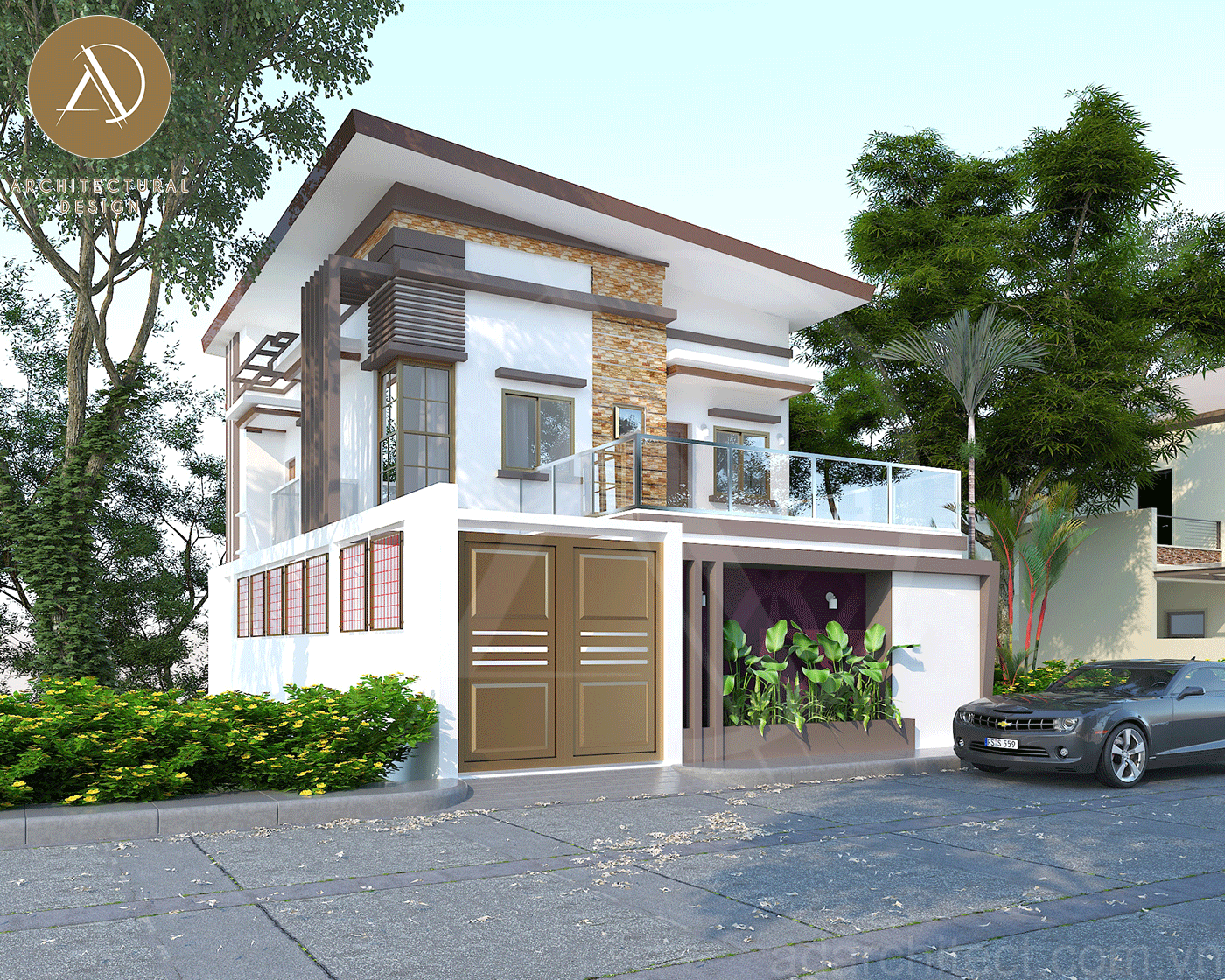 mặt tiền nhà đẹp 2 tầng: thiết kế tông vàng kết hợp màu trắng hiện đại, bố trí thêm cây xanh cho mặt tiền xanh mát