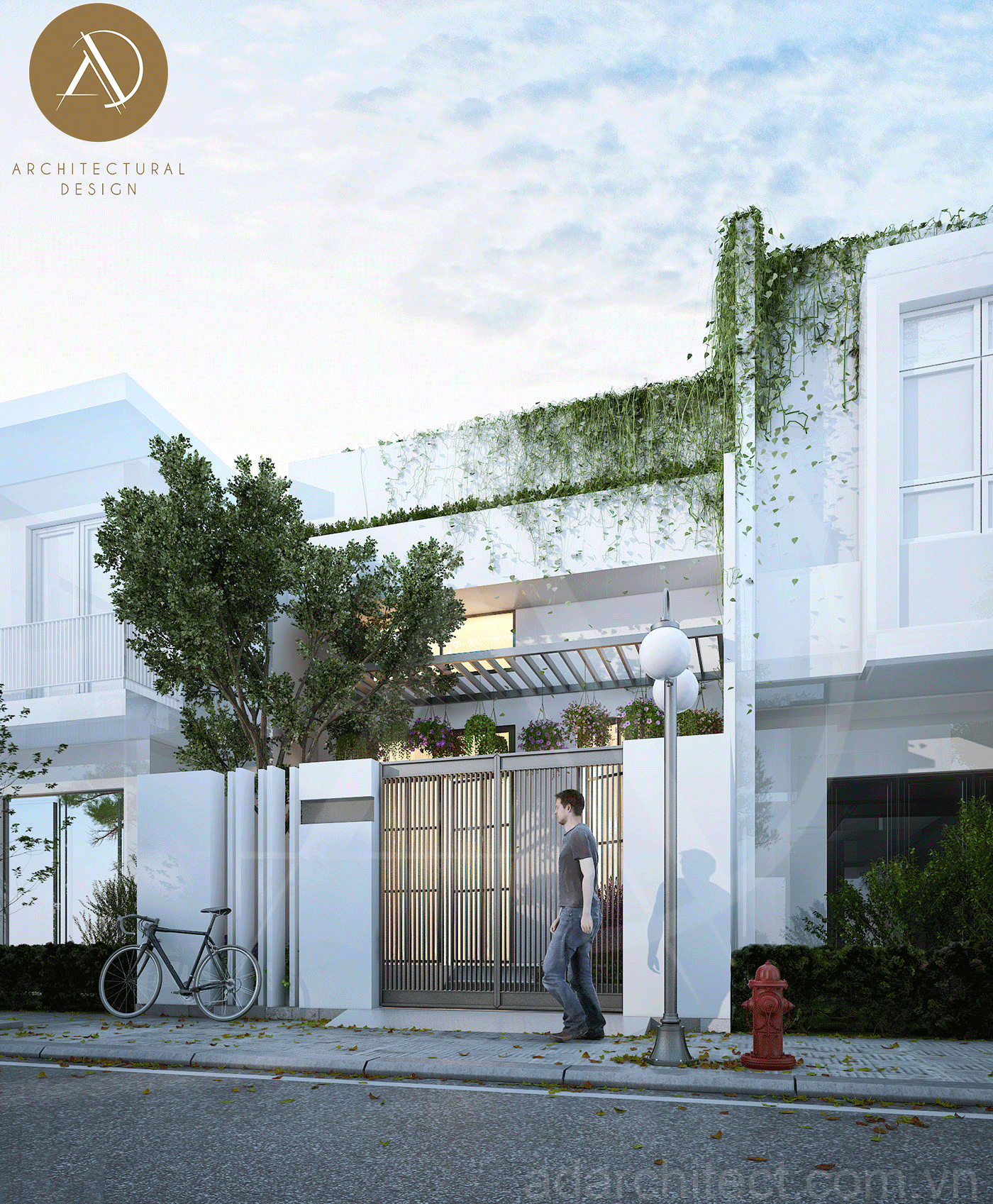 mặt tiền nhà đẹp 2 tầng: bố trí thêm cây xanh tăng khả năng lọc bụi bẩn, mang đến không gian sống trọng lành