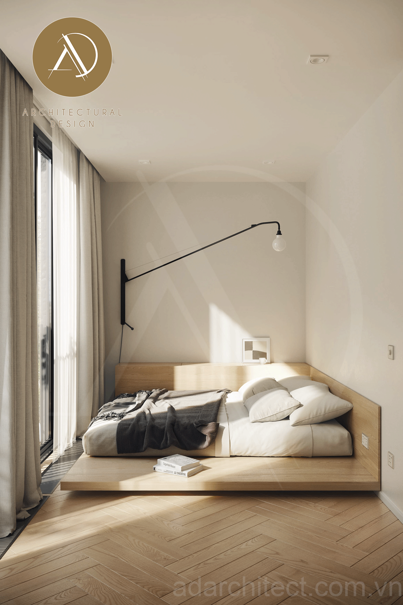 không gian phòng ngủ đẹp, ấm áp cho nhà 2 tầng đơn giản mái bằng